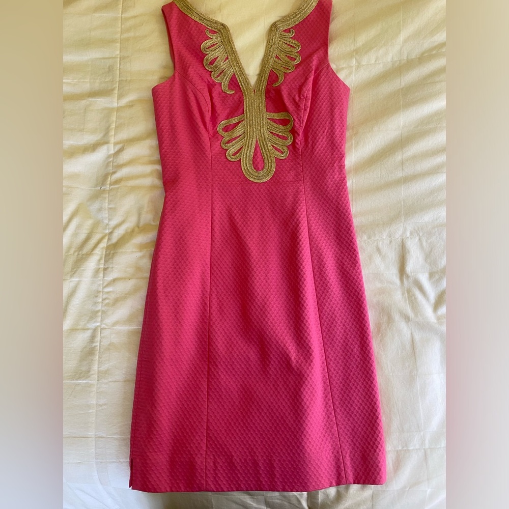 Lilly Pulitzer Hot Pink Shift Dress | Gold Embroidered Trim | Size 0